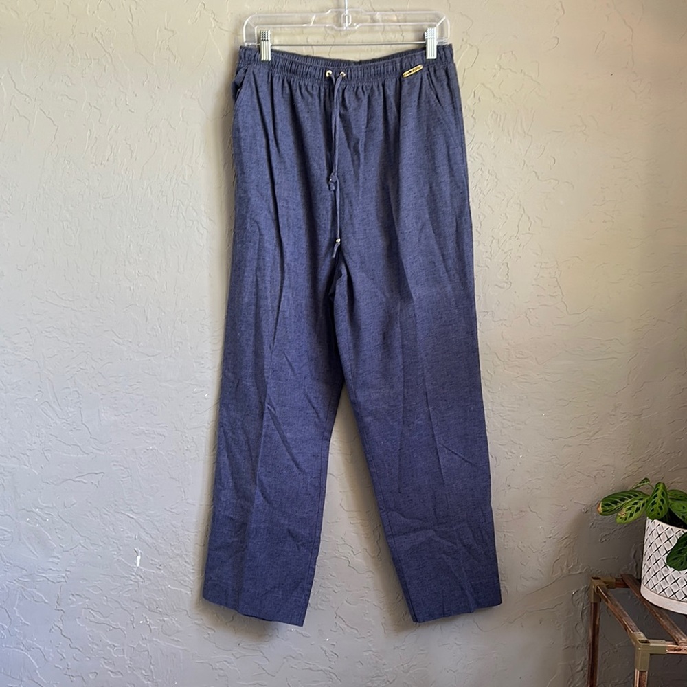St John blue linen blend light weight pant size large‎ pocket sand front tie